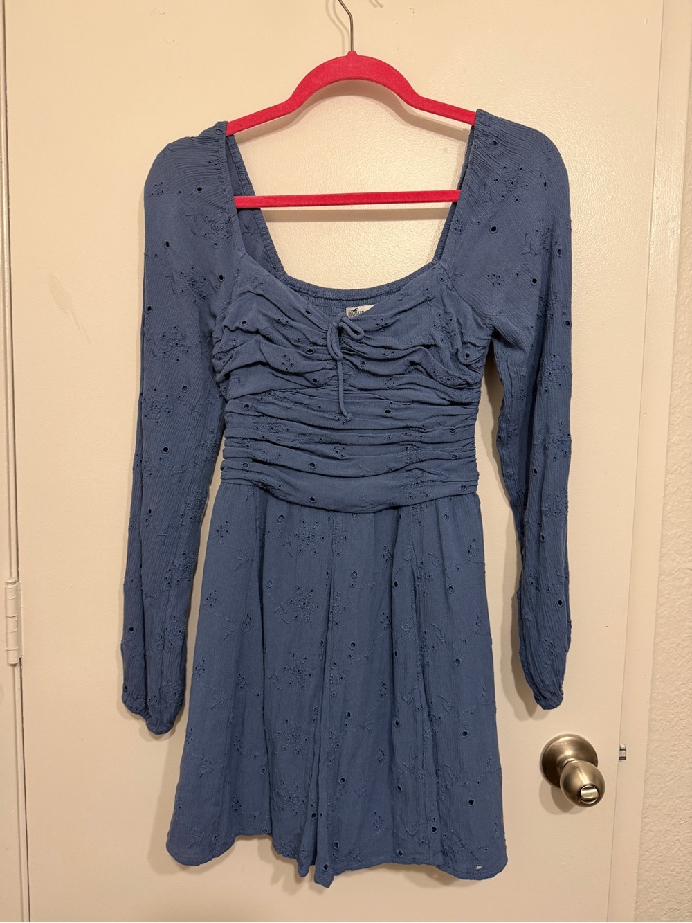 Blue Long-Sleeve Ruched A-Line Dress Fairy Cottage core